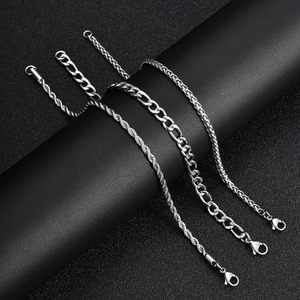 Silver Wheat Chain Bracelet Set — Stainless Steel