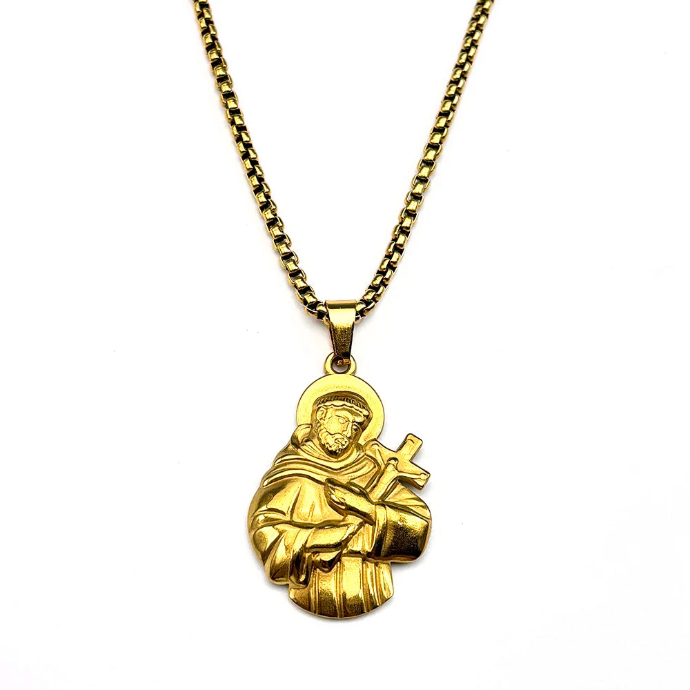 SAINT FRANCIS Hold Cross Pendant Necklace for Women Men Stainless Steel Gold Silver Color Christian Amulet Faith