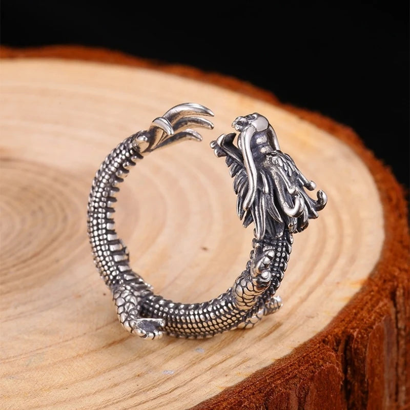 Buyee 925 Sterling Silver Unique Male Ring Finger for Women Men Fashion Chinese Dragon Animal Rock Punk Fine Jewelry