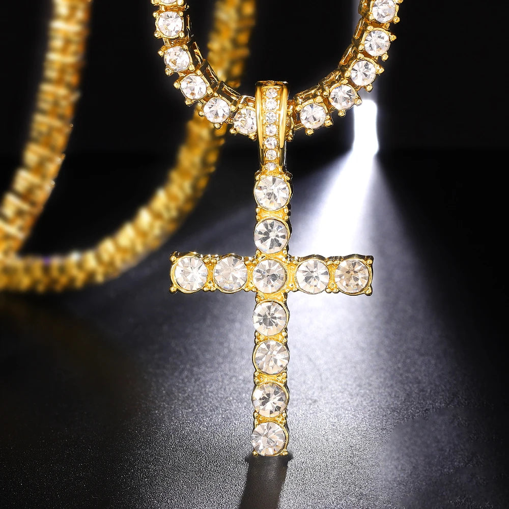 Iced Out Cross Pendant Necklace With 4mm Tennis Chain Religious Charm Full Rhinestone Bling Hip Hop Jewelry for Men and