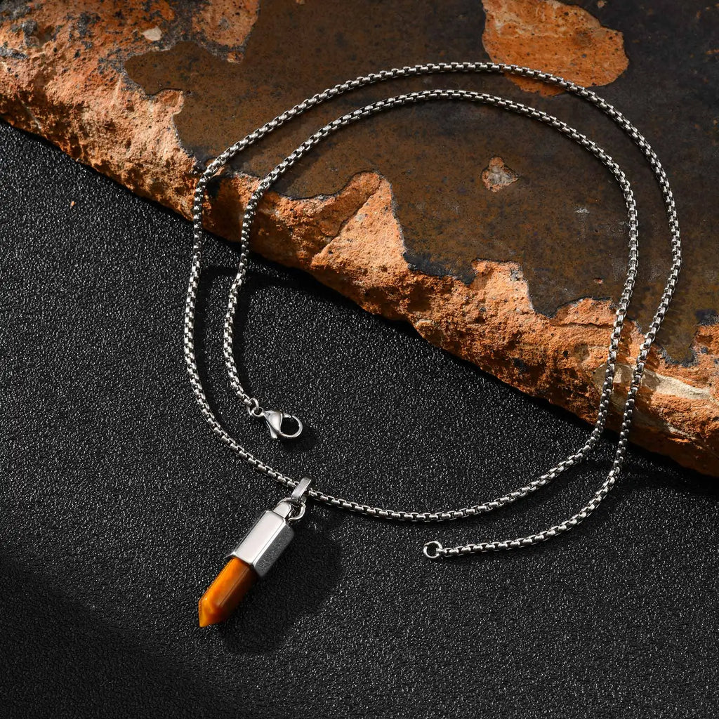 Black Agate Pendant Necklace — Stainless Steel