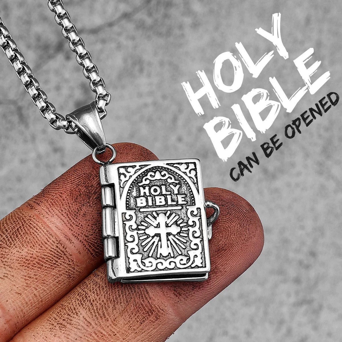 Openable Holy Bible Book Pendant — Stainless Steel