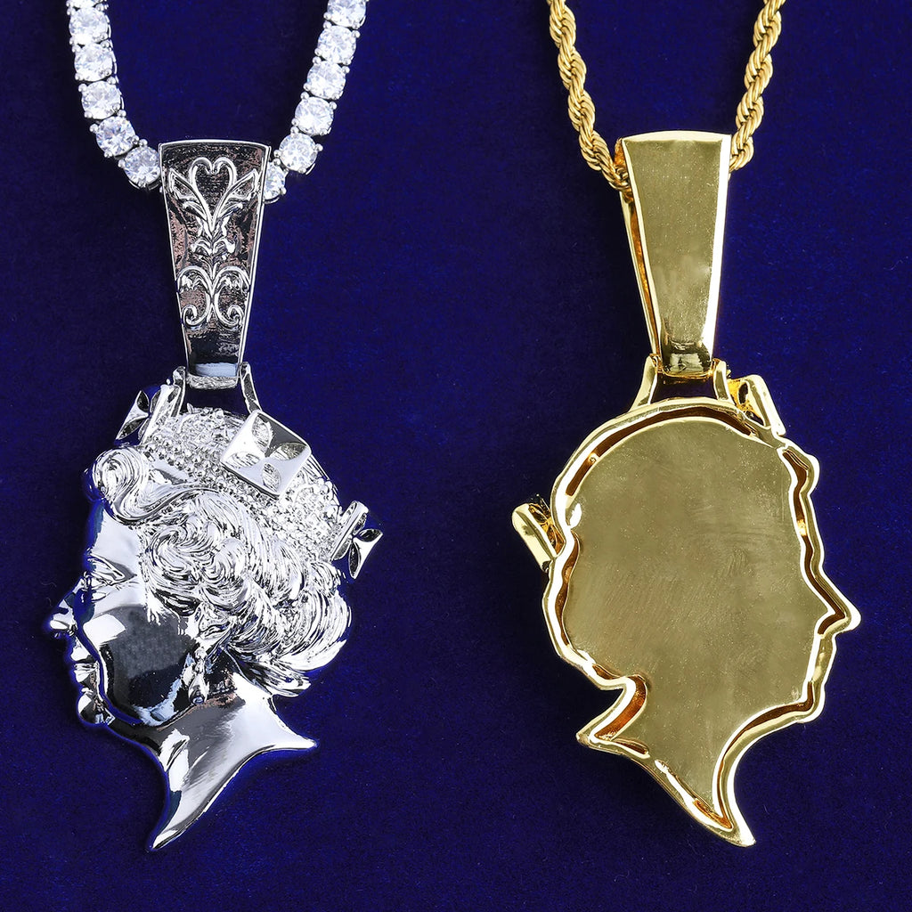 Bubble Letter Iced Out United kingdom Queen Head Necklace Pendant  for Men Real Gold Plated 5A Cubic Zirconia Hip Hop Jewelry