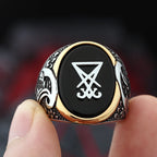 Vintage Sigil Lucifer Rock Ring 316L Stainless Steel Seal of Satan Stone Rings for Men Male Punk Rock Jewelry