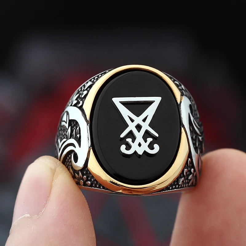Vintage Sigil Lucifer Rock Ring 316L Stainless Steel Seal of Satan Stone Rings for Men Male Punk Rock Jewelry