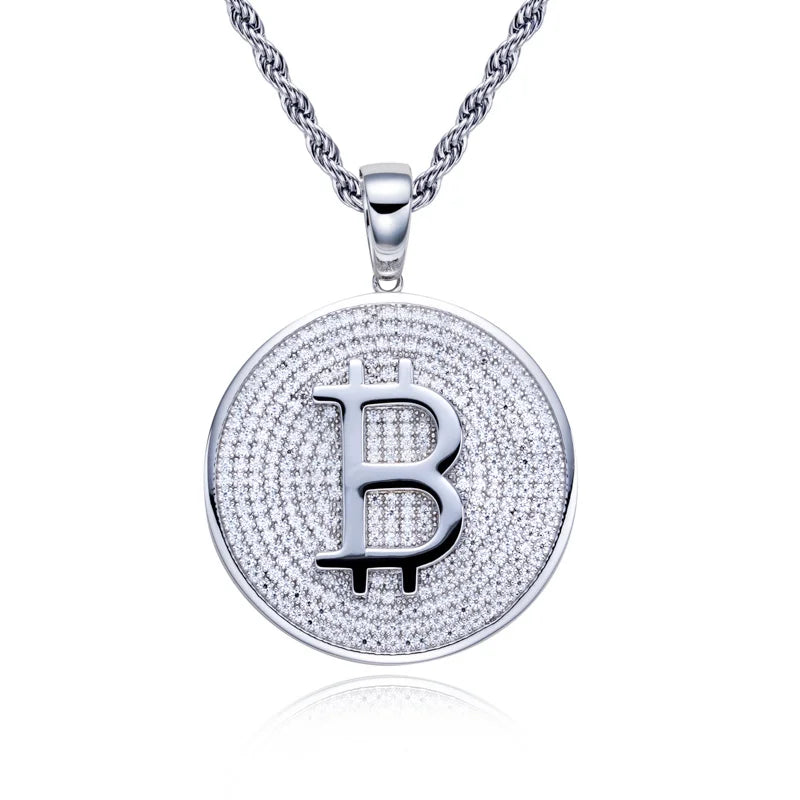 Iced Out Bitcoin Pendant — 925 Silver