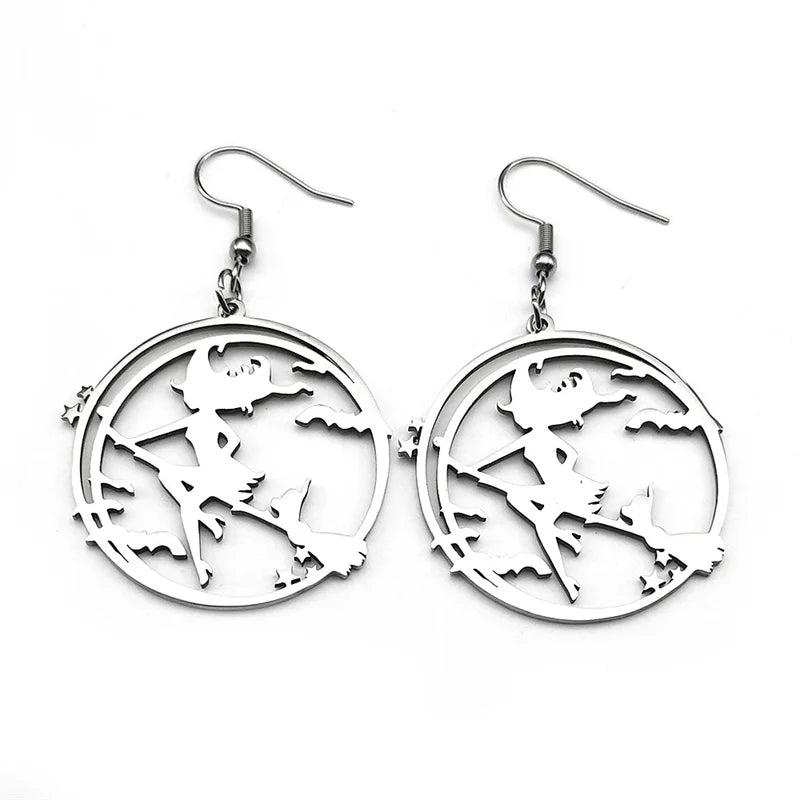 Bat Silver Earrings Goth Magic Cartoon Witch Broom