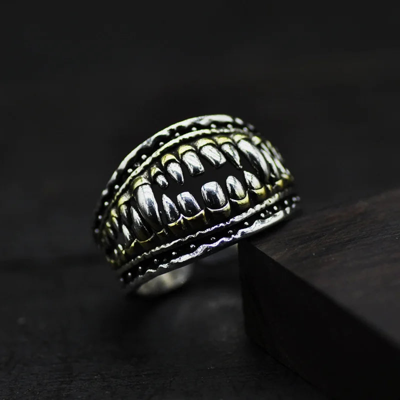 Retro Devil Teeth Denture Ring For Men Punk Gothic Rock Hiphop Open Ring Designer Jewelry Biker Accessories Unisex Gift