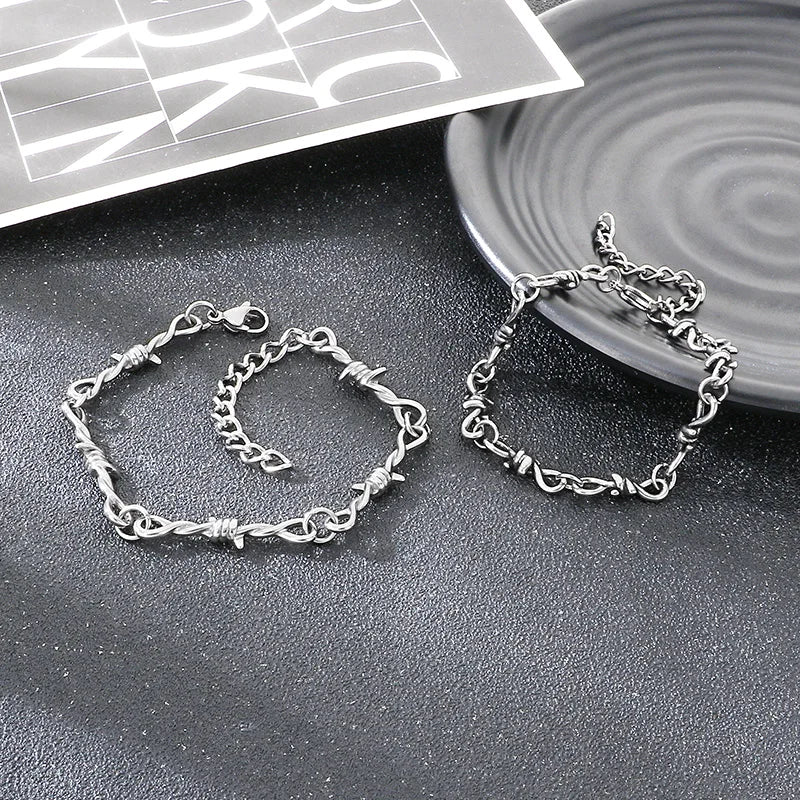 Kalen Vintage Stainless Steel Twisted Barbed Wire & Wrapped Cuban Bracelet Men‘s Adjustable Gothic Punk Women’s Wrist