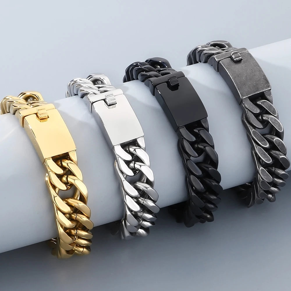12/15MM Width Cuban Link Chain Bracelet For Man Waterproof Black/Gold Color Stainless Steel Bracelets Valentines