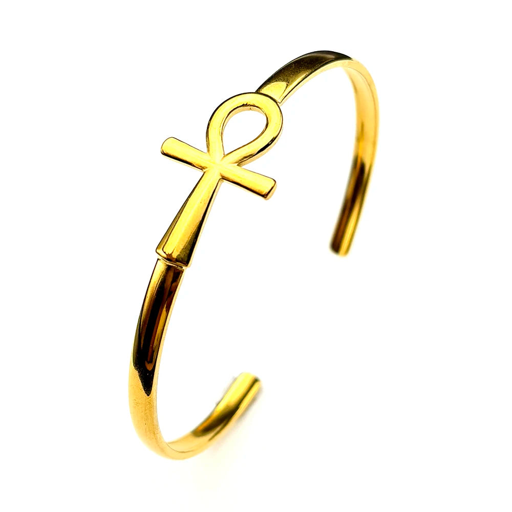 Ancient Egyptian Ankh Cross Key of Life Symbol Open Cuff Bangle for Women Men Stainless Steel Egypt Adjustable Bracelet Jewelry