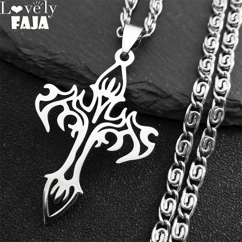 Gothic Cross Silver Pendant Flame Rock Colgante