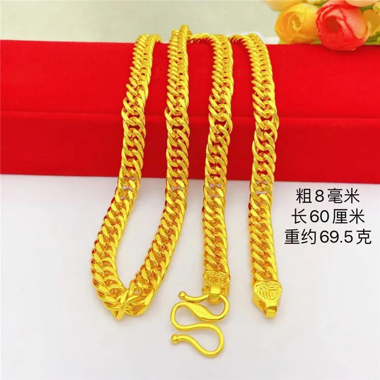 24K Gold Fortune Buckle Men's Necklace, AU999 Pure Gold - Thickened Chain Boss Style, 6-12MM Sizes, Chain Texture Light