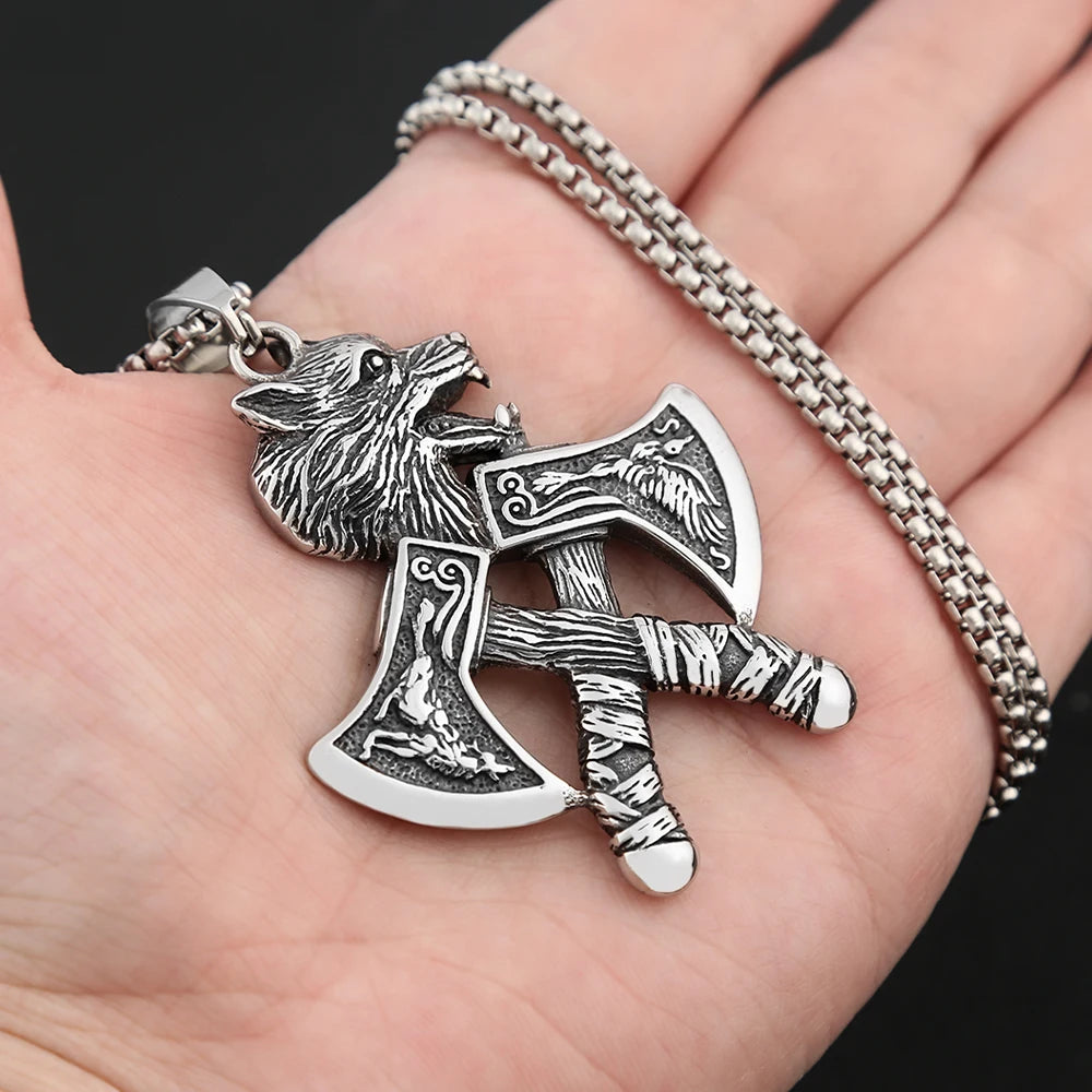 Viking Double Axe Wolf Head Pendant — SS