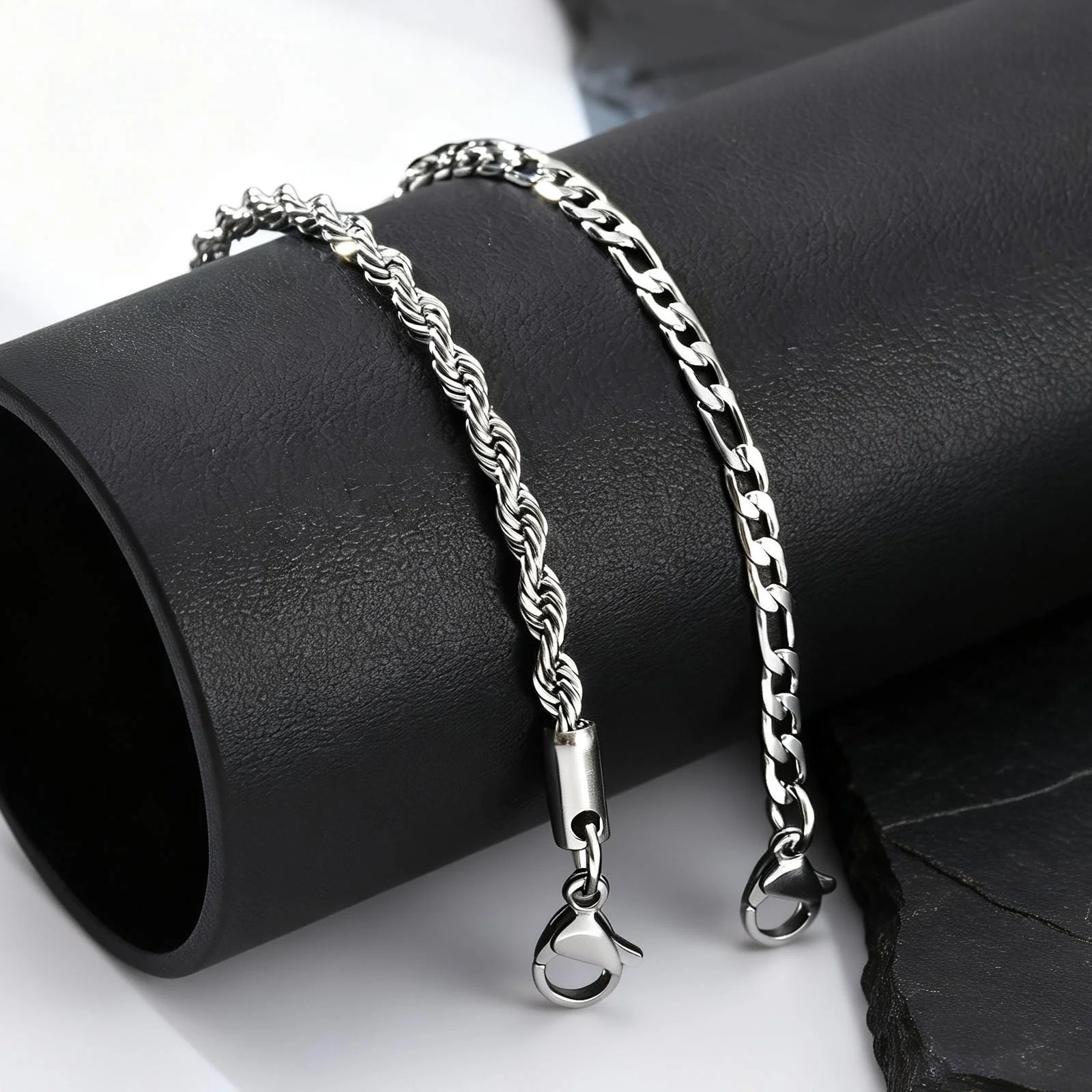 Figaro Rope Chain Bracelet Set Silver — Stainless Steel