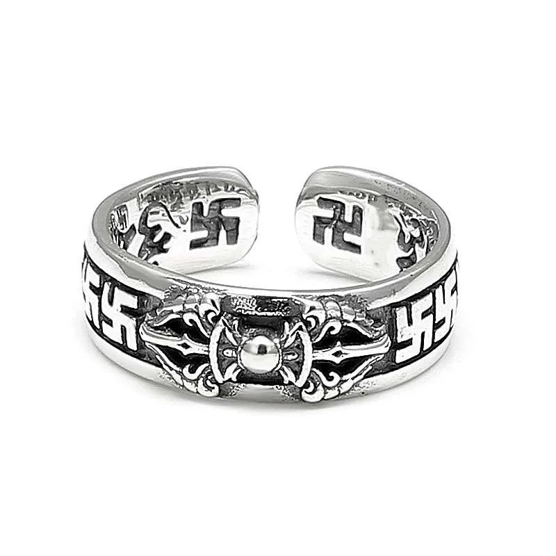 Dark Engraved Symbol Adjustable Open Ring — Stainless Steel