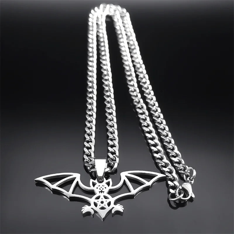 Gothic Bat Pentagram Necklace — Silver