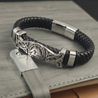 Viking Valknut Leather Braid Bracelet — Stainless Steel