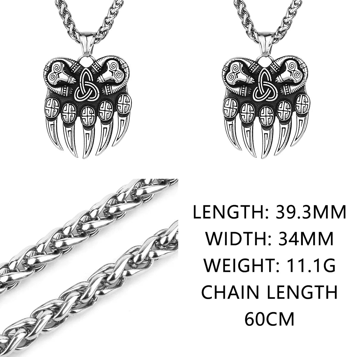 Viking Bear Claw Amulet Pendant Necklace — 316L Stainless Steel