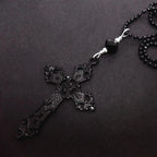 Gothic Hollow Relief Cross Pendant Beaded Chain Necklace — Black