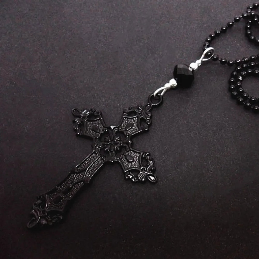 Gothic Hollow Relief Cross Pendant Beaded Chain Necklace — Black