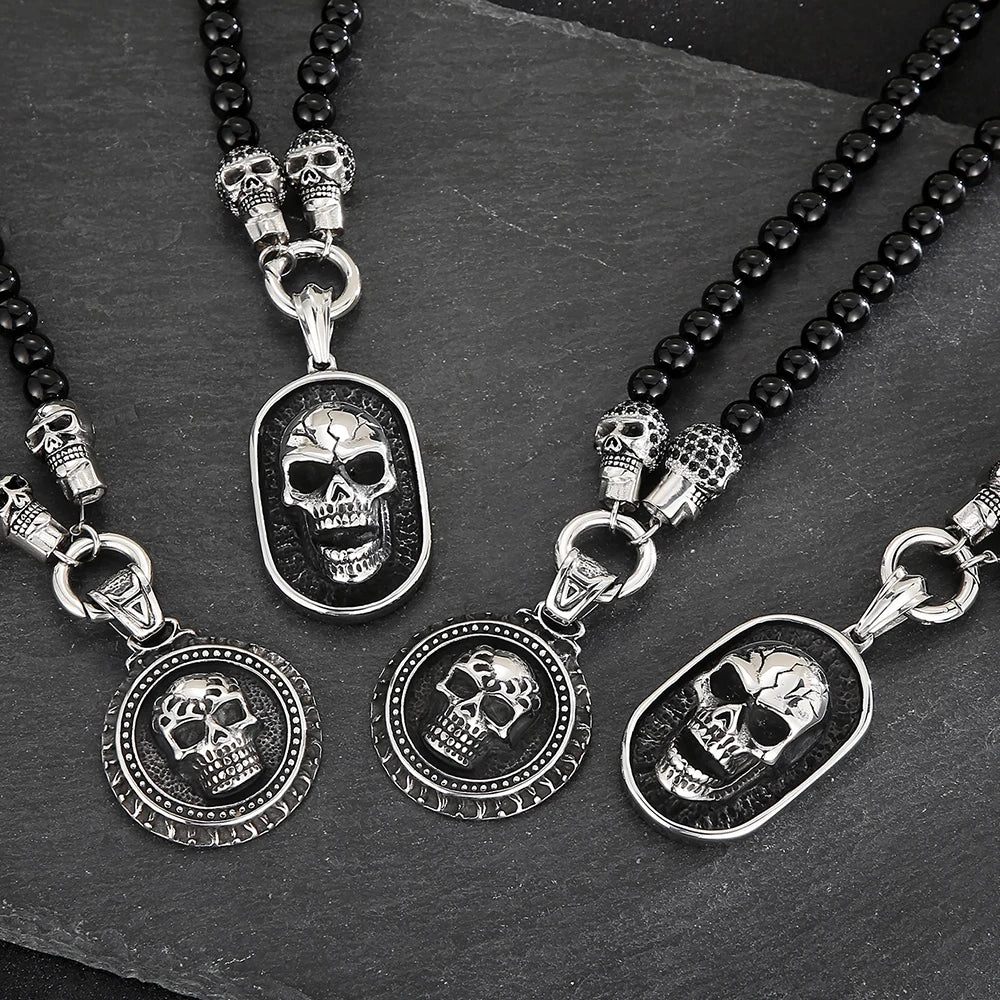 Men's Steampunk CZ Skull Face Head Pendant Necklace For Man 8MM Width 50CM Long Agate Stone Beads Chain Stainless Steel