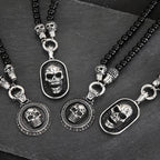 Men's Steampunk CZ Skull Face Head Pendant Necklace For Man 8MM Width 50CM Long Agate Stone Beads Chain Stainless Steel