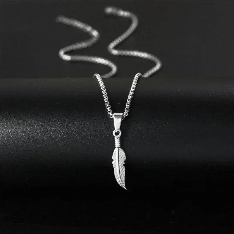 Long Feather Pendant Choker Necklace — Stainless Steel