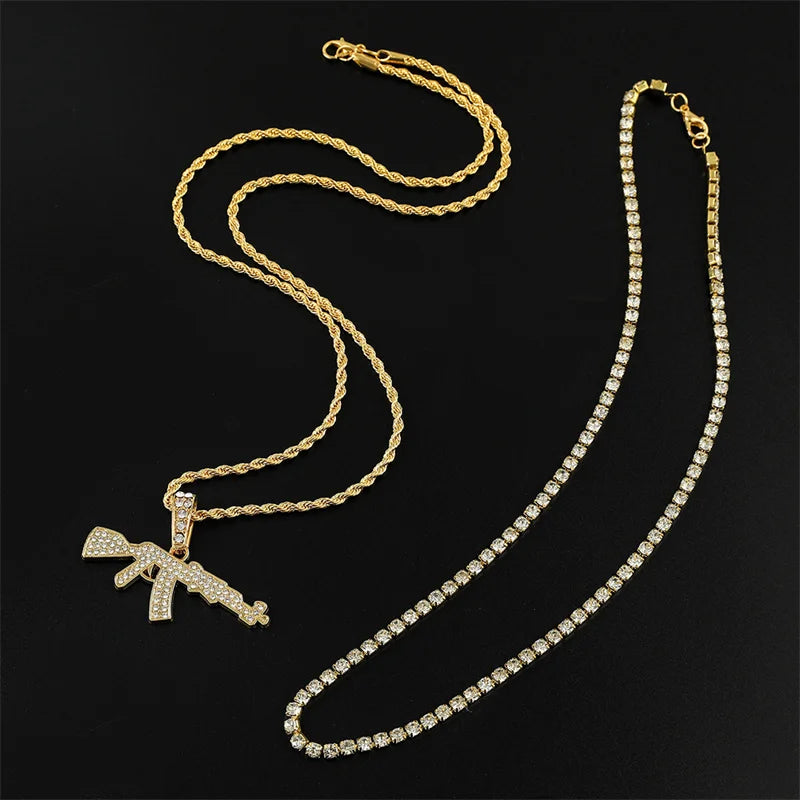 Iced Out Gun Pendant Necklace - Hip Hop Bling with Tennis & Rope Chains, Gold/Silver Plated for Men