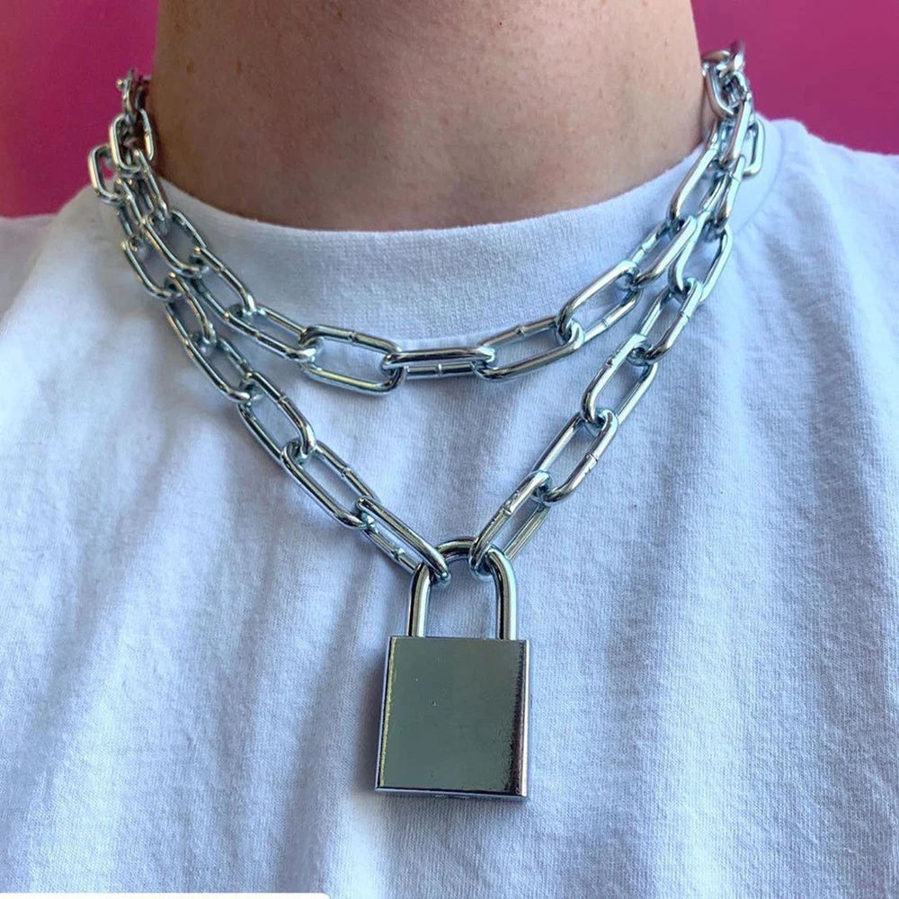 Retro Punk Fashion Exaggerated Thick Chain Necklace Simple New Couple Multi-Layer Lock Necklace Unisex Jewelry