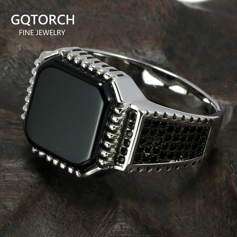 Genuine Solid 925 Sterling Silver Turkish Rings For Men Black Band With Stone Square Natural Onyx Vintage Male Jewelry