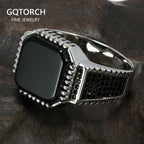 Genuine Solid 925 Sterling Silver Turkish Rings For Men Black Band With Stone Square Natural Onyx Vintage Male Jewelry