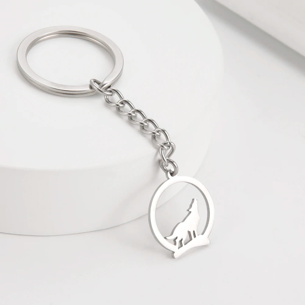 Round Wolf Pendant Keychain for Men — Stainless Steel