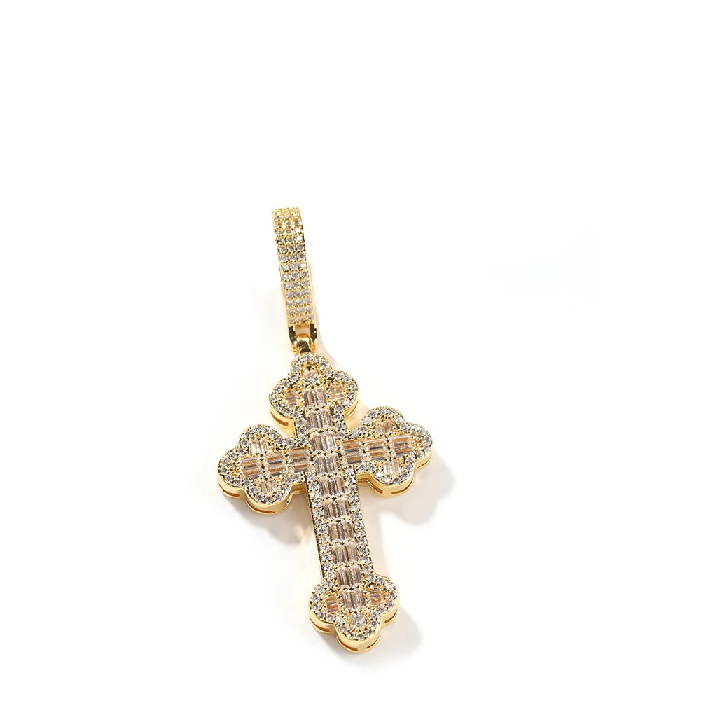 THE BLING KING Iced Out Cross Star Link Chain Baguettecz Cubic Zirconia Cross Pendant Necklace Charm Fashion Hiphop Jewelry
