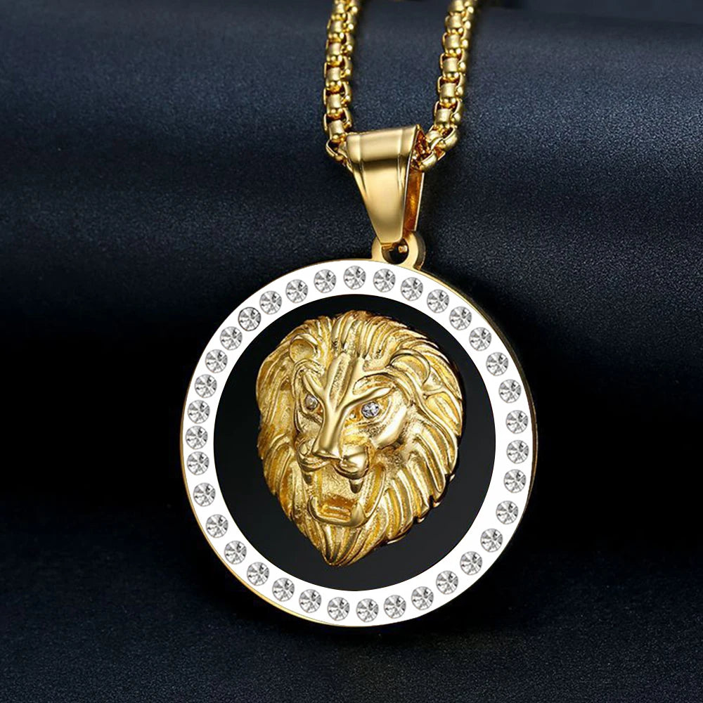Iced Out Lion Head Round Pendant — Gold
