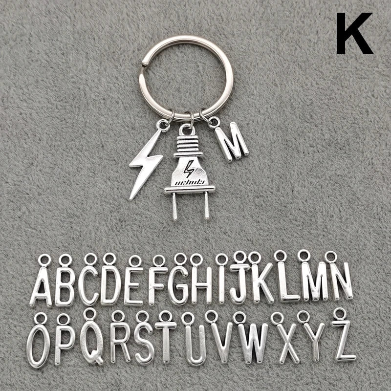 Fashion A-Z Letter Charm Lightning Bolt Plug Electrician Keychain for Electrical Worker Bag Car Keyring Gifts