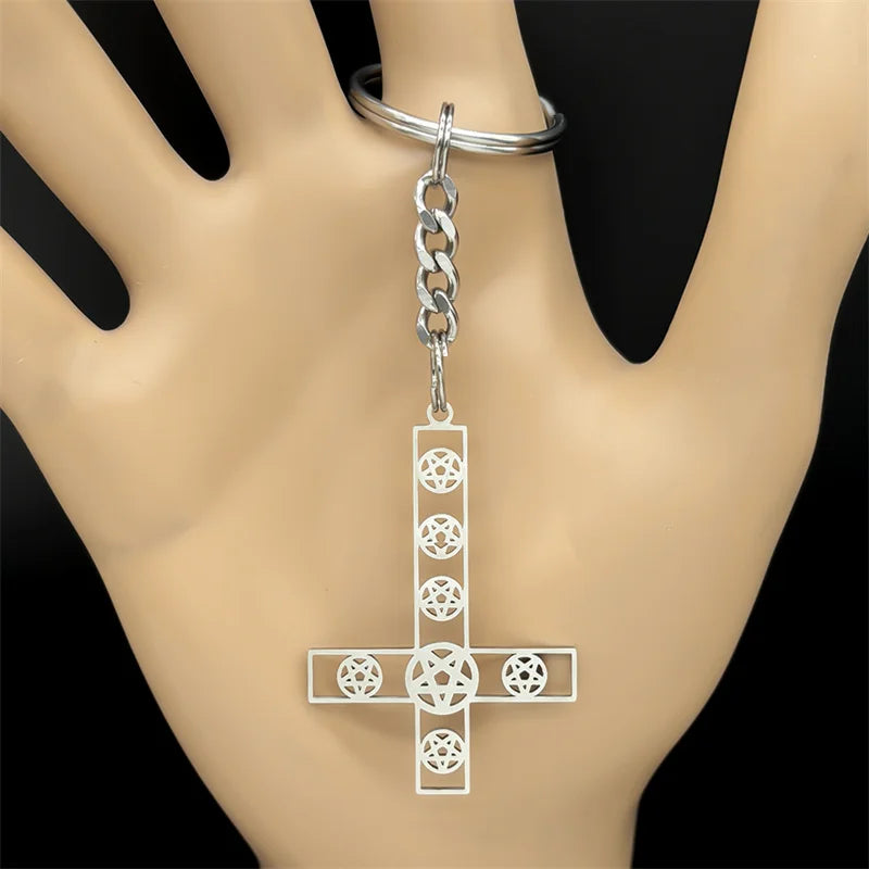 Inverted Cross Key Chain — Stainless Steel