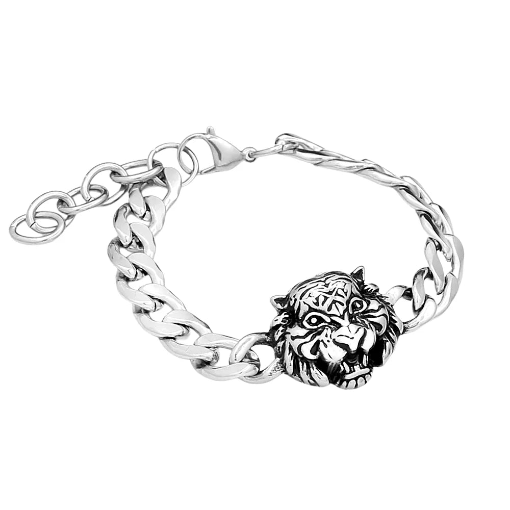 Vintage Domineering Tiger Lion Head Charm Bracelet For Men Women Stainless Steel Fashion Gothic Animal Jewelry Gift