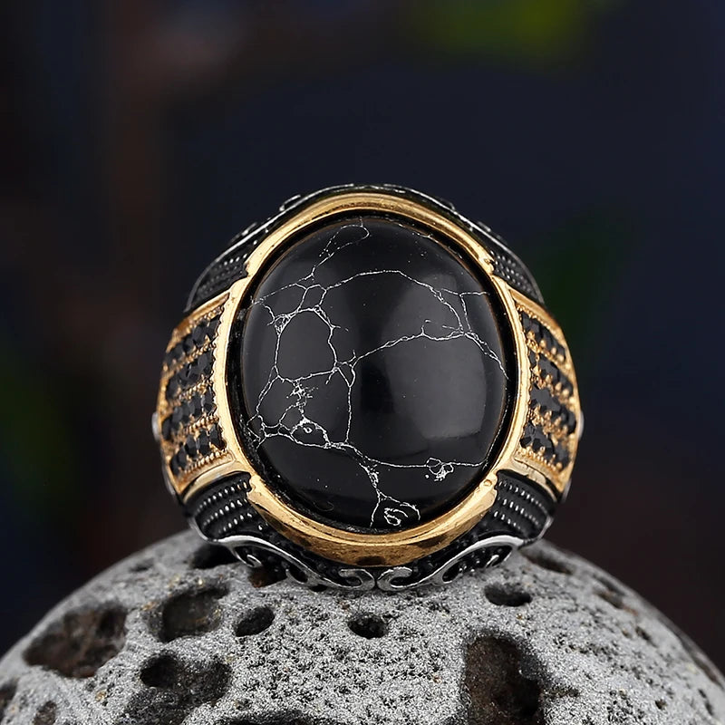 Vintage Gothic Style Black Stone Ring 316L Stainless Steel Craved Ring Men and Women Fashion Biker Jewelry Gift