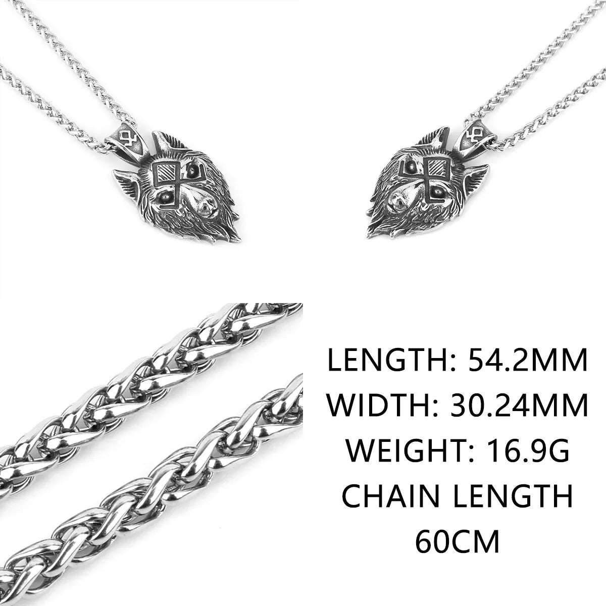Viking Wolf Head Pendant Necklace for Men — Stainless Steel