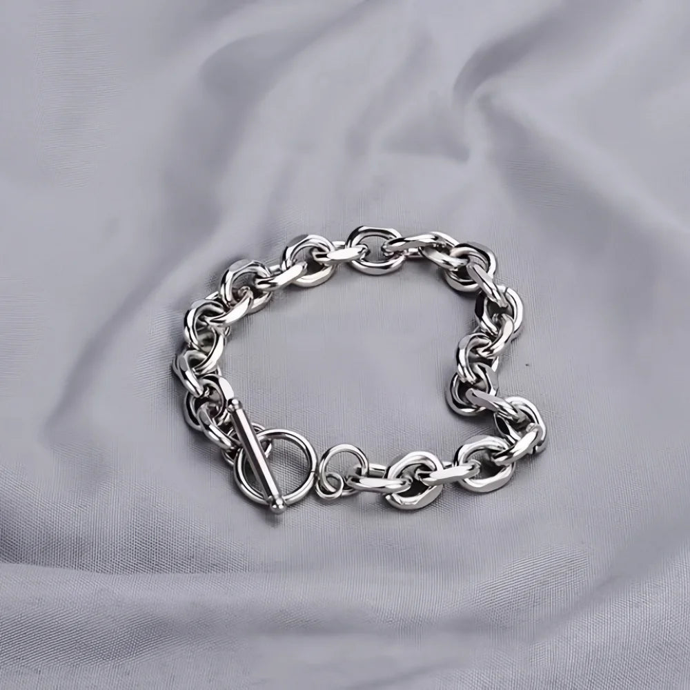 Simple Stainless Steel Men Bracelet INS Silver Color OT Buckle O-Circle Chain Bracelet Fashion Women Jewelry Fashion