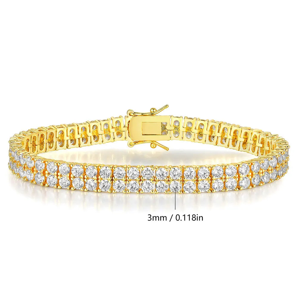 Nuoya Hot Selling 3MM Double Row Cubic Zirconia Tennis Bracelet Silver Gold Plated Wholesale Hip Hop Chain Jewelry