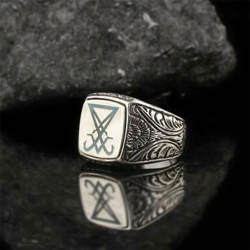 Vintage Sigil Lucifer Rock Ring 316L Stainless Steel Seal of Satan Rings for Men Male Punk Rock Jewelry OSR918