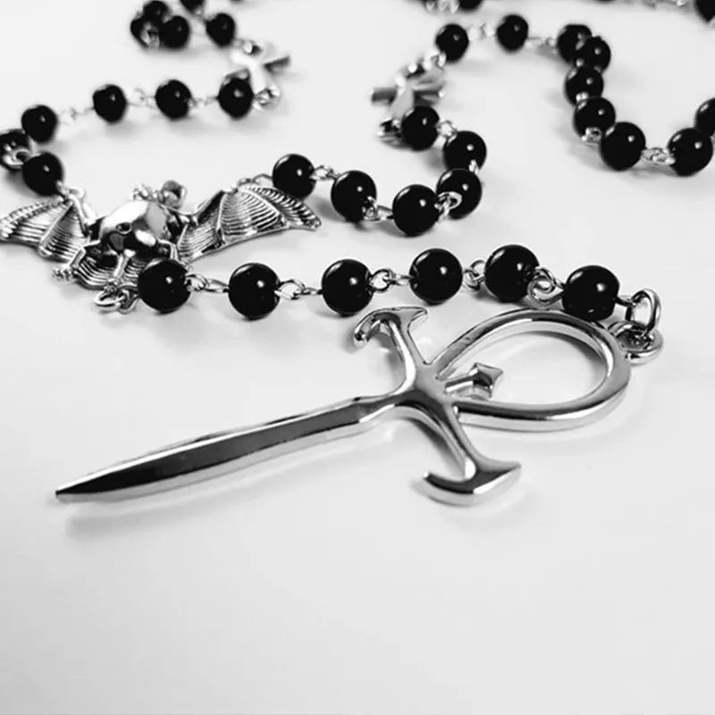 Emo Vampire Ankh Rosary Occult Vamp BeEmo Vampire Ankh Rosary Occult Vamp Bead Necklace Goth Punk Bat Cross Pendant