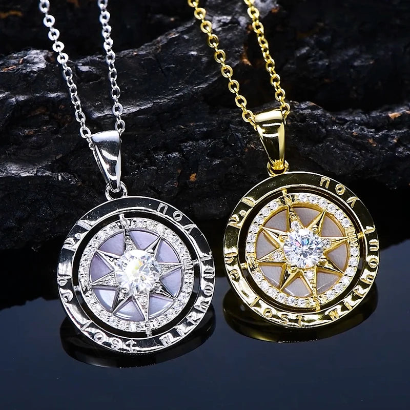 RAPRGOLD 925 Sterling Silver Compass Necklace 6.5mm Sparkly Cubic Zirconia Fashion Pendant Necklaces for Women Men Jewelry Gift