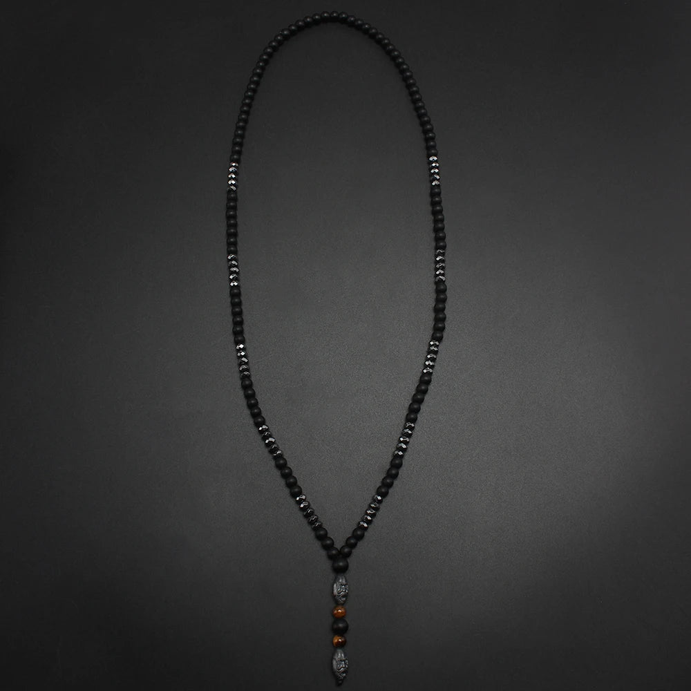 Black Obsidian Round Beads Hematite Old Man Head Pendant Y Necklace Men's Jewelry