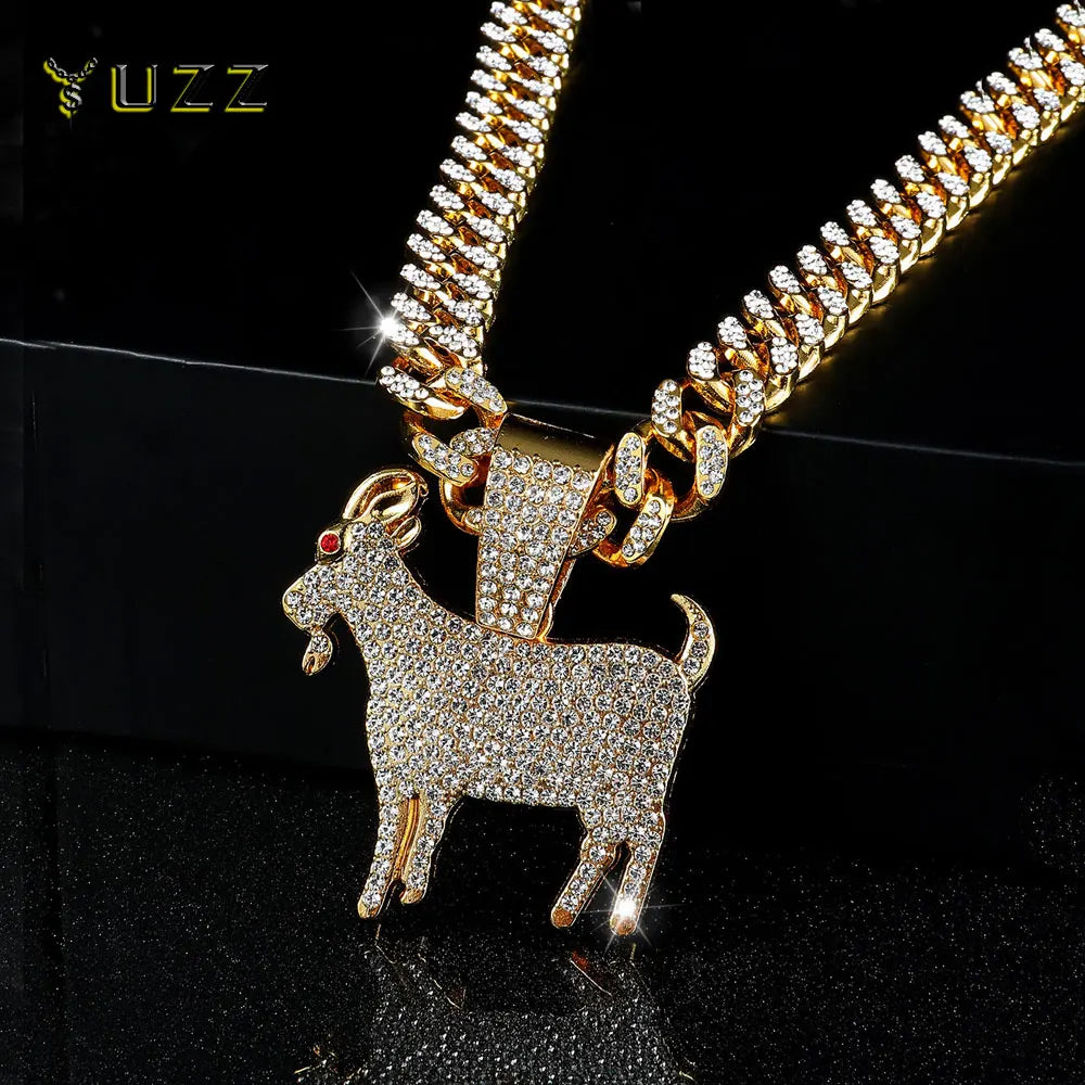 Men Hip Hop Fashion Full Rhinestone Animal Goat Pendant Necklace with 13mm Miami Cuban Chain Necklaces Rapper Rock