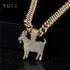 Men Hip Hop Fashion Full Rhinestone Animal Goat Pendant Necklace with 13mm Miami Cuban Chain Necklaces Rapper Rock
