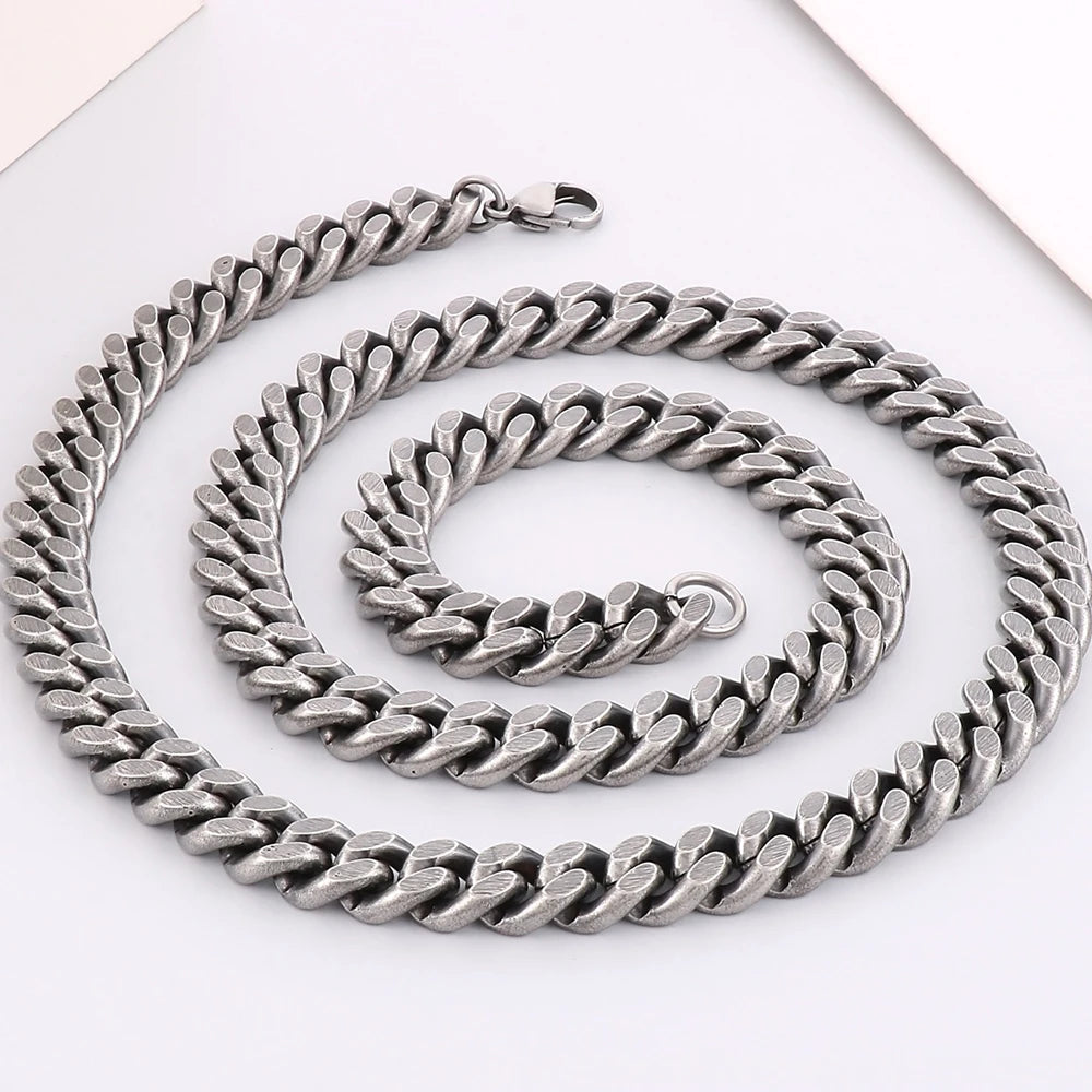 Vintage 8/10MM Curb Chain Necklace for Men Brushed Matte Stainless Steel Cuban Link Men's Boys Neck Chains Male Choker