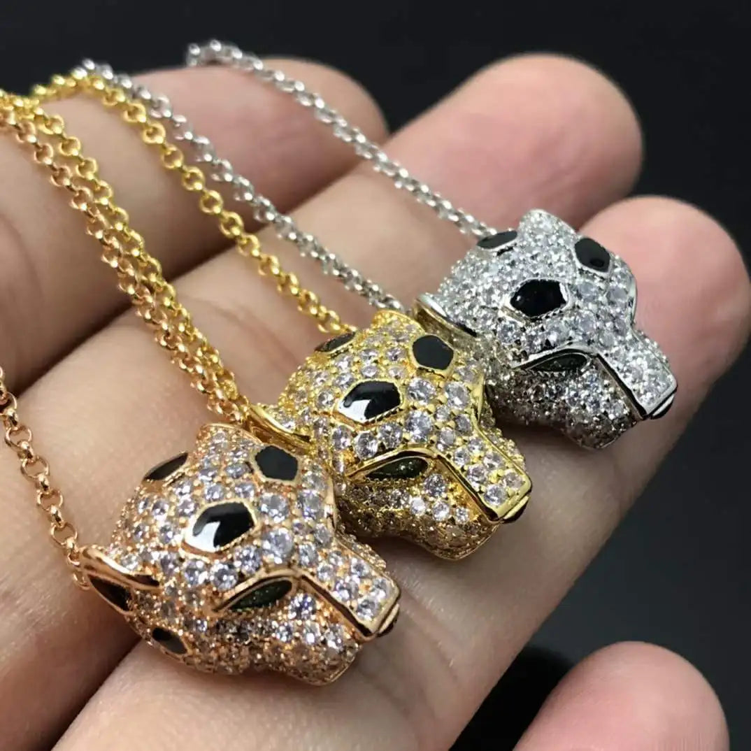 Luxury 18K Solid Platinum PT950 certifid full diamond leopard head necklace 24K real gold emerald gemstone cheetah